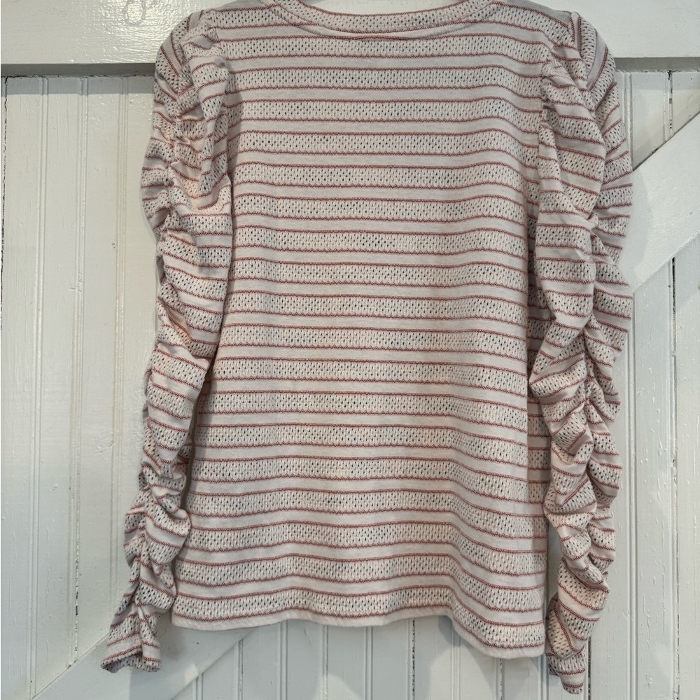 LOFT Pink Striped Pointelle Ruched Sleeve Top Medium - Picture 5 of 10